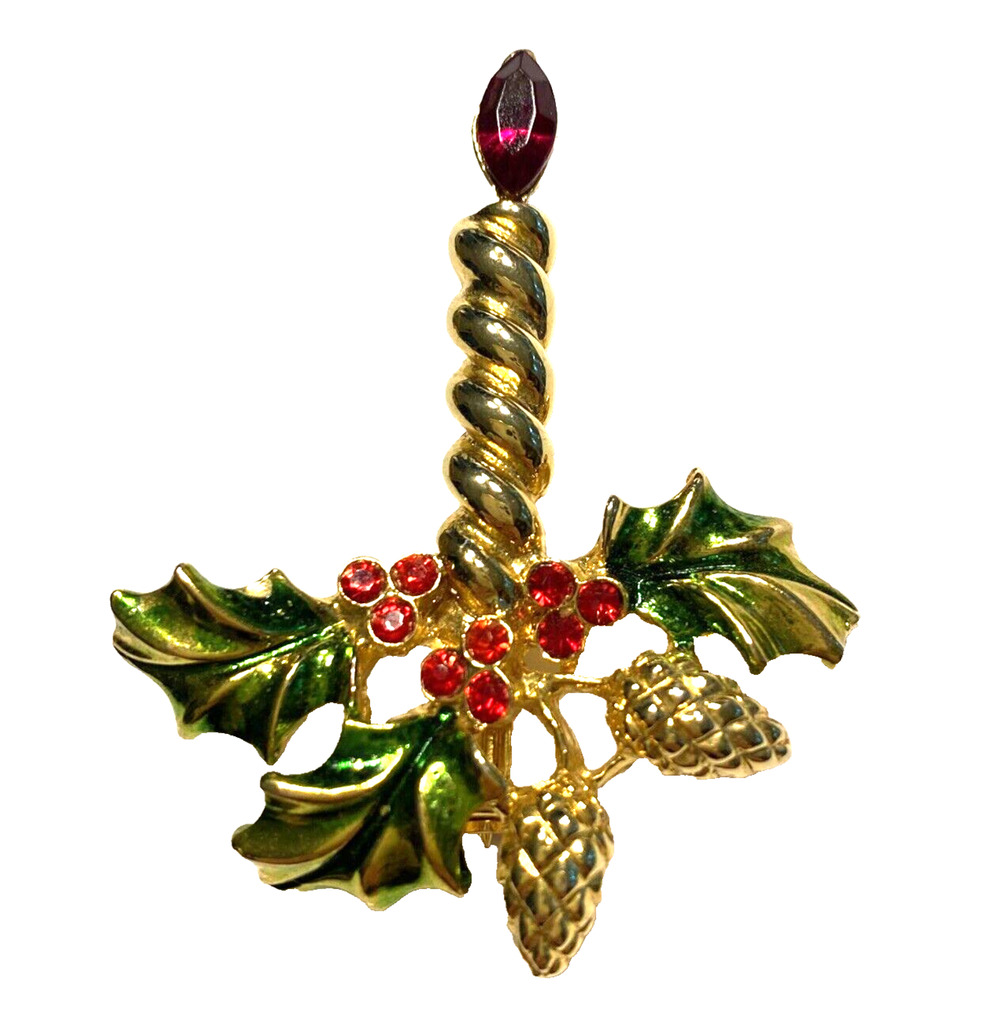 Vintage Christmas Brooch Gold Candle Red Rhinestones & Greenery Festive Pin
